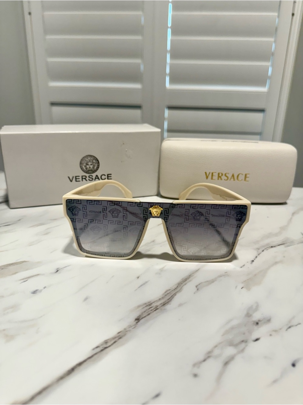 Versace Cream Frame Sunglasses with Gradient Gray Lenses and Gold Medusa Detail